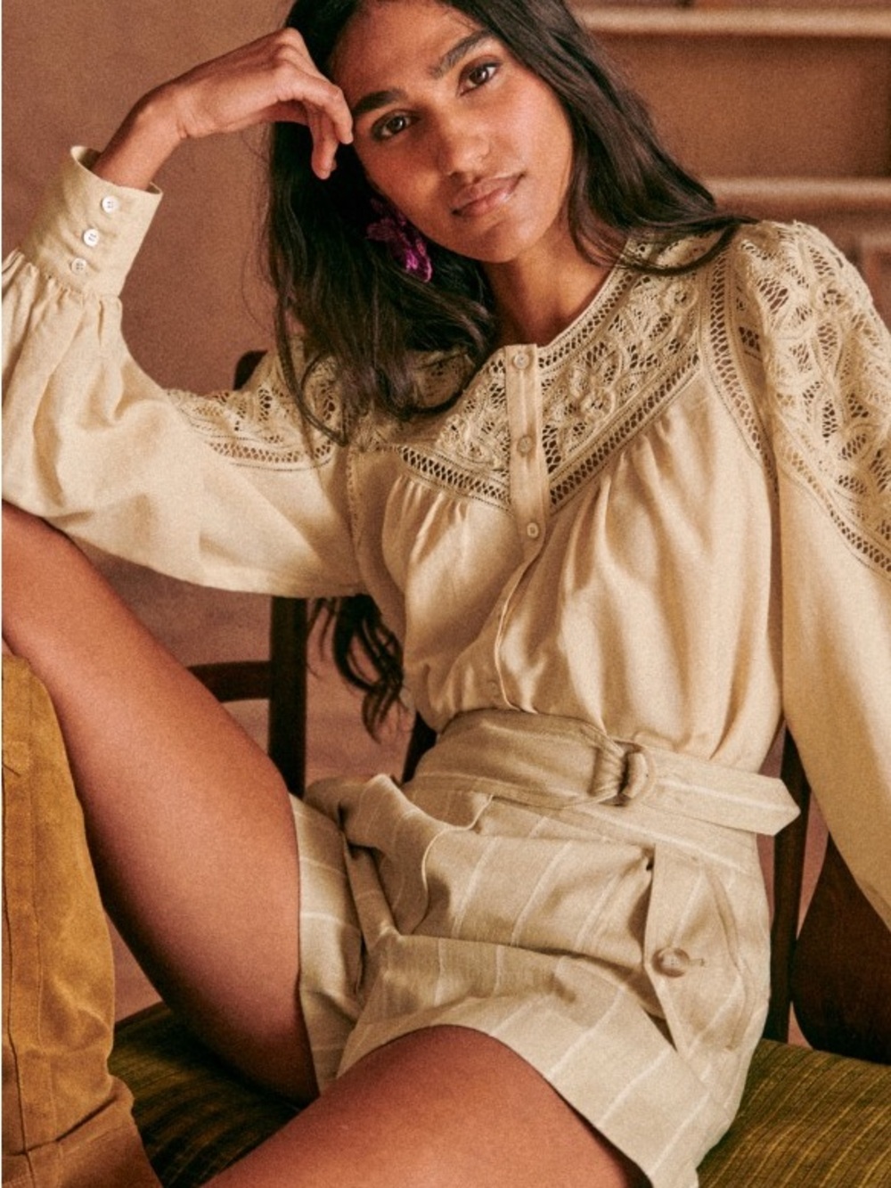 Sezane Donia Shirt Cream Crochet Yoke Linen Blend